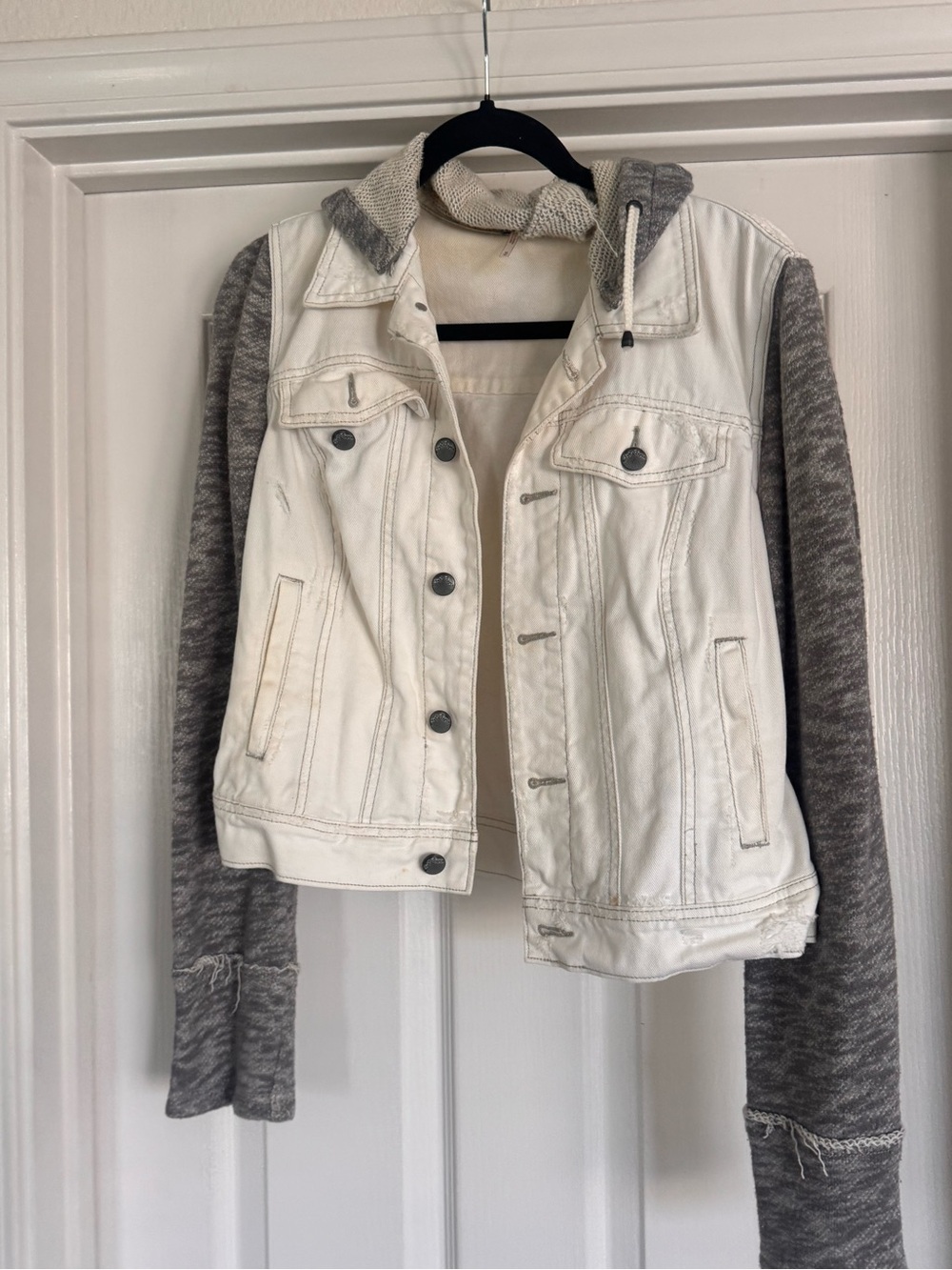 Free People Two-Tone Hooded Jean Jacket in Cream & Gray